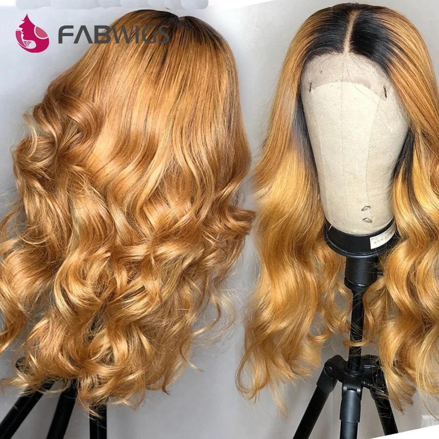 Fabwigs Омбре 1b/27 медовый блондин кружевные передние человеческие волосы парики предварительно выщипанные бразильские Remy кружевные передние парики с цветными детскими волосами
