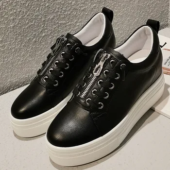 

Women's genuine leather thick sole platform flats lace-up casual sneakers front zip female soft comfortable loafers casual shoes