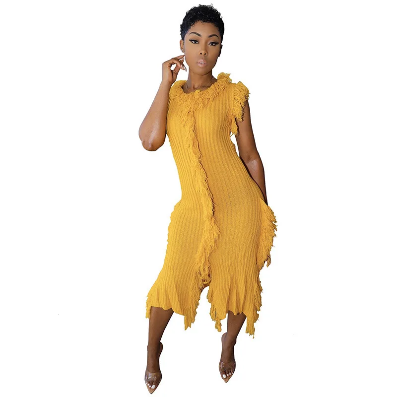 Сексуальное трикотажное платье с кисточками, женское платье без рукавов с разрезом спереди, облегающее платье макси размера плюс, осенне-зимнее однотонное Повседневное платье макси - Цвет: Yellow