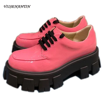 

Spring/autumn Chunky Sole High Heel Red Casual Platfprm Pumps Lace-up Round Toe Genuine Leather Zapatos Mujer Roman Shoes Women