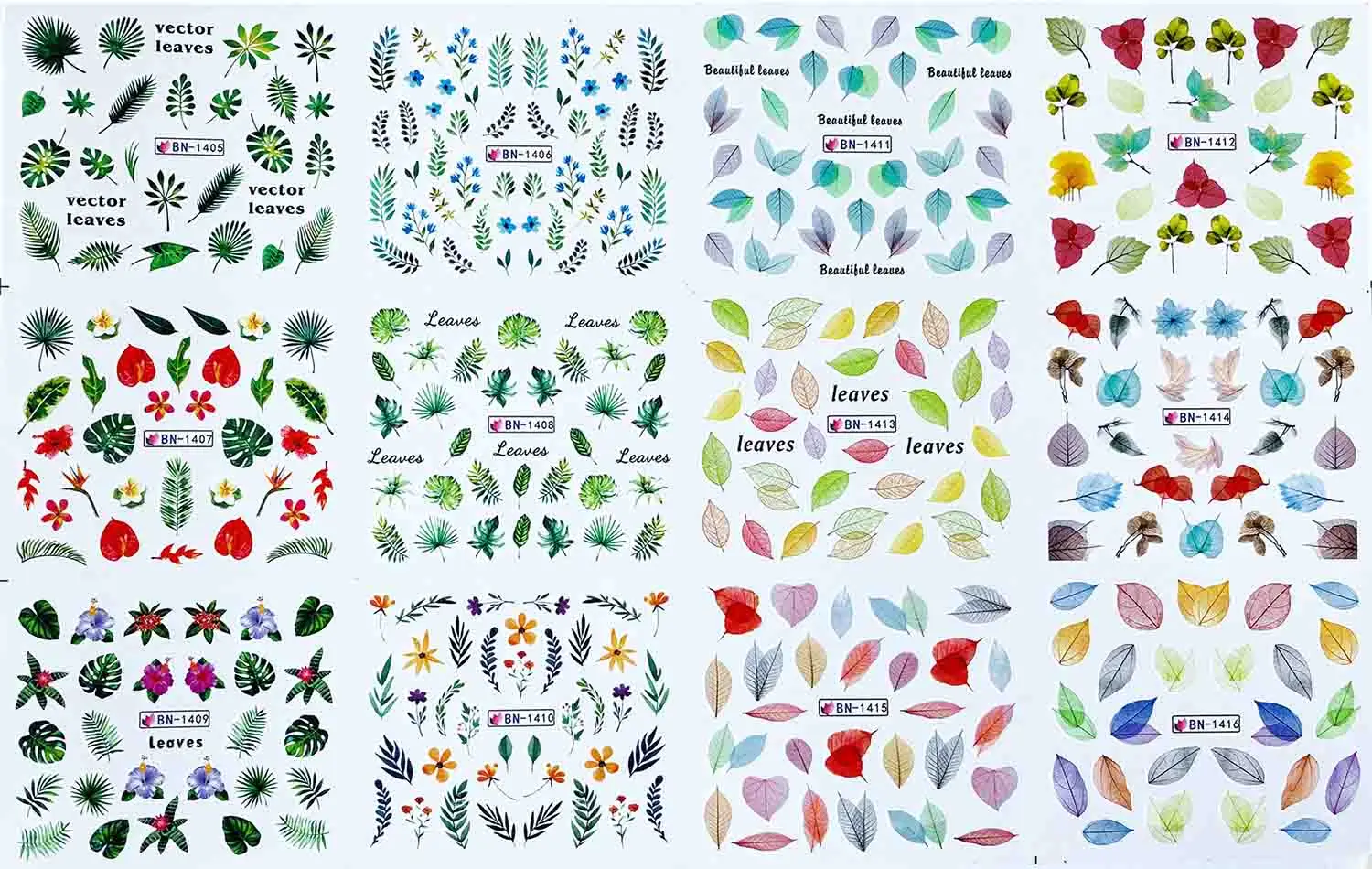 12 видов конструкций переводные наклейки для ногтей с изображением листьев, дерева, зеленого цвета, простой летний слайдер для маникюра, для дизайна ногтей, водяные наклейки, новинка, BN1405