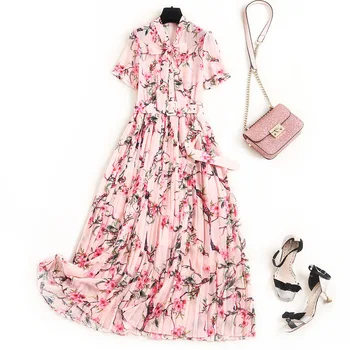 

Women summer 2020 pink dress elegant short sleeve bow collar vintage rose floral patterns print midi pleated dresses belt