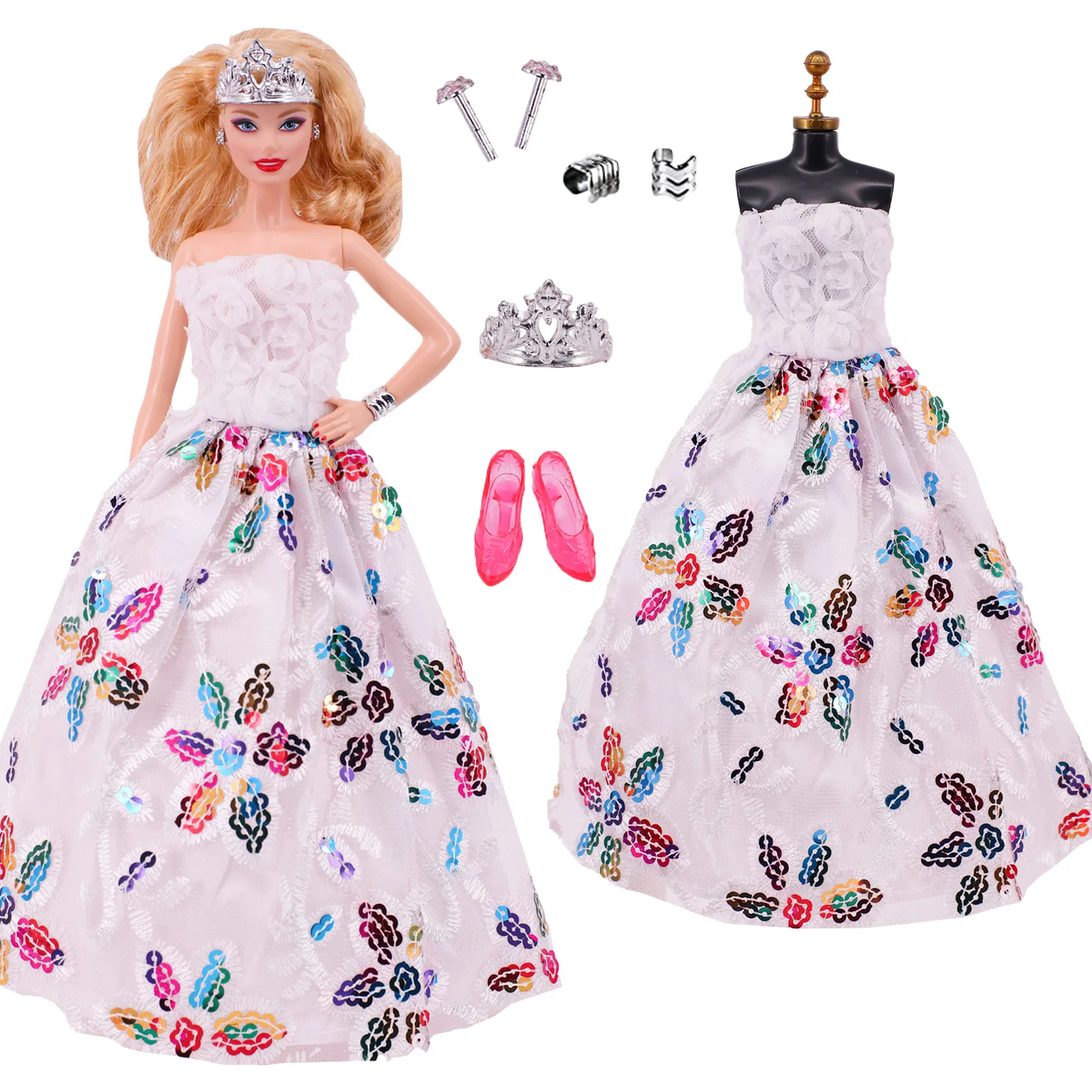 Doll Clothes 5Pcs Handmade Dress Barbies Gowns + Jewelry + Shoes Suitable for 30cm Doll Accessories Diy Gift