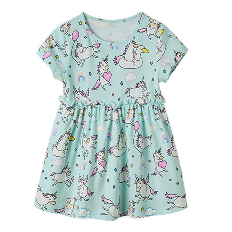 Jumping meters Baby Girls Summer Cartoon Unicorn Dress New Designed Short Sleeves Clothes Kids Fashion Princess Dresses 2-7T | Детская