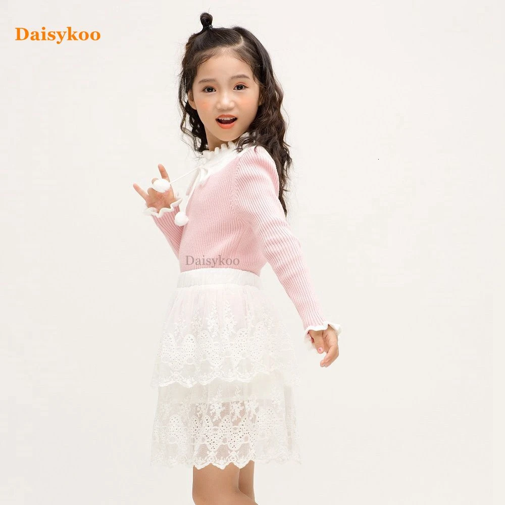 Daisykoo/ осенне-зимний милый свитер для девочек хлопковый свитер для девочек Детский Пуловер детский джемпер с кружевом Y010