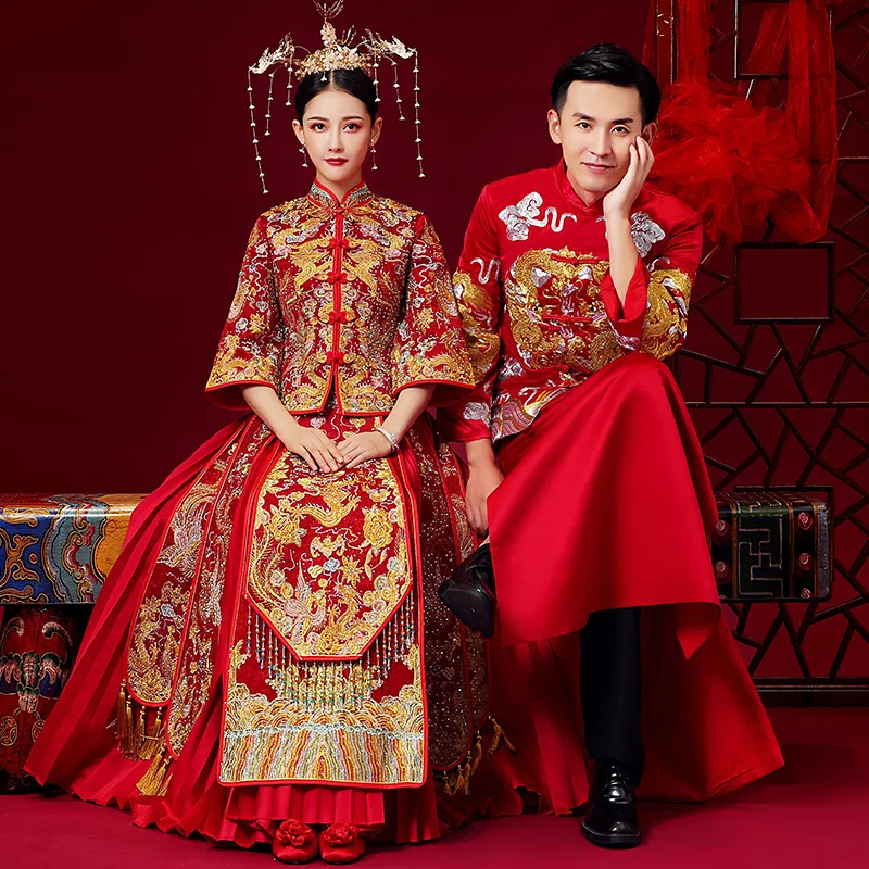 Китайское традиционное свадебное платье чонсам дракон Феникс одежда Qipao вышивка