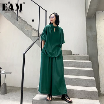 

[EAM] Wide Leg Pants Two Piece Suit New Stand Collar Half Sleeve Black Loose Fit Women Fashion Tide Spring Summer 2020 1T846