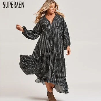 

SuperAen Europe Long Dress Summer 2020 New Fashion Long Sleeve Beach Dress Female V Neck Dot Casual Women Clothing