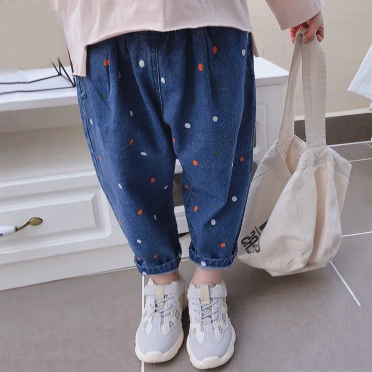 Новые стильные детские весенние повседневные штаны с большим поясом для волос милые штаны в горошек для маленьких девочек