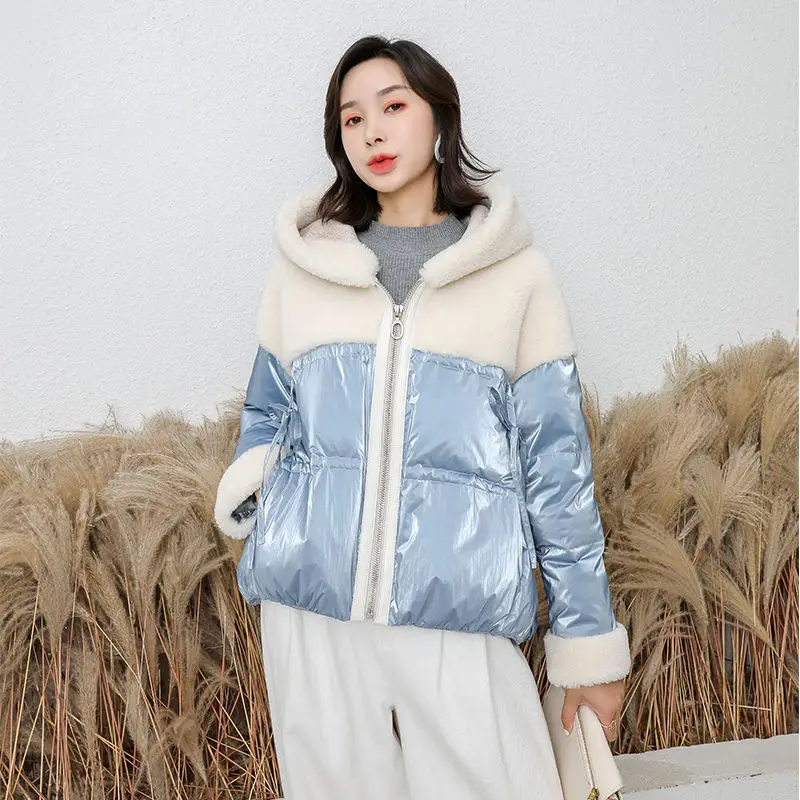 

2019 Autumn Winter Korean Style Women Short Hooded Patchwork Jackets Female Down Coat Real Sheep Shearing Fur Loose Parkas Z124