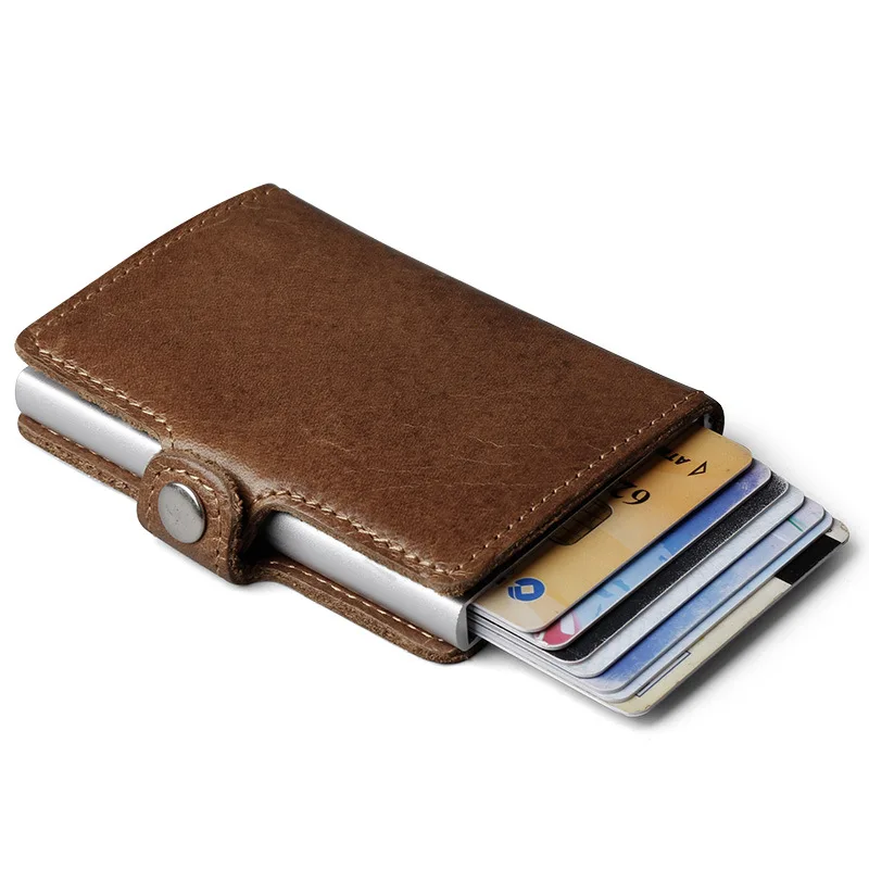 

Genuine Leather Men Aluminum Wallet Back Pocket ID Card holder RFID Blocking Mini Magic Wallet Automatic Credit Card Coin Purse
