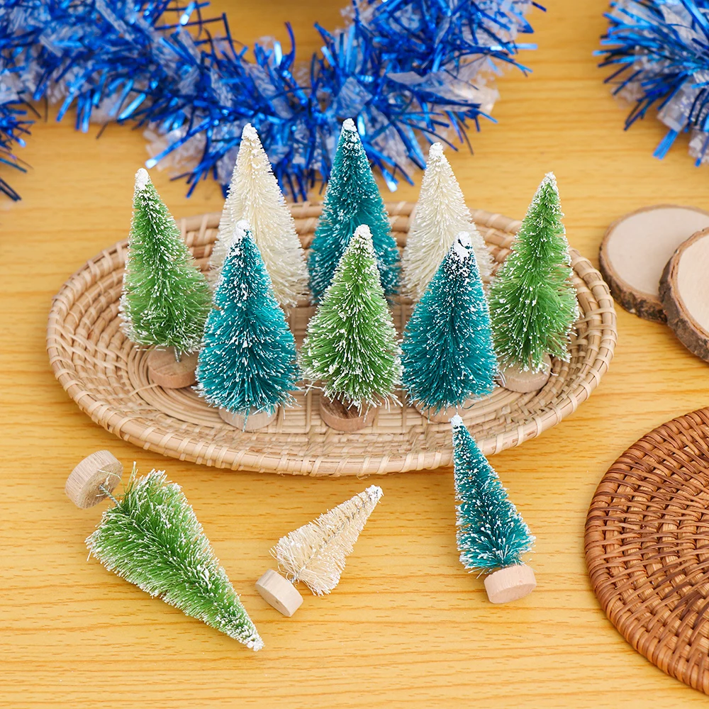 5Pcs Small DIY Christmas Tree Fake Pine Tree Mini Sisal Bottle Brush Xmas Tree Santa Snow Frost Village House Home Decor Party S