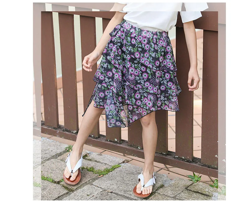 Summer 2020 Chiffon Layered Skirts Dresses For Teenage Girls Floral Printed Asymmetrical Skirt Kids Mid Waist Cute Skirt Clothes (9)