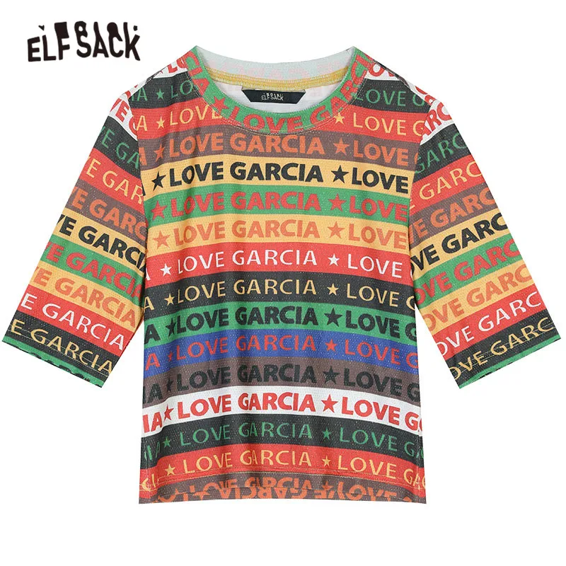 ELFSACK женские футболки в радужную полоску Модные топы Харадзюку С буквенным принтом повседневные женские топы с круглым вырезом