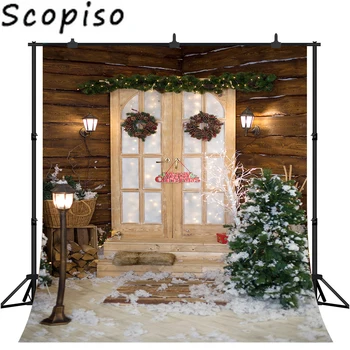 

Scopiso Photography Backdrops Merry Christmas Wreath Decoration Tree Retro Wooden Door Photo Background Studio Prop