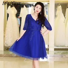 Это Yiiya платье для выпускного вечера, v-образный вырез, половина рукава, длина до колена, а-силуэт, Vestidos De Gala, DX044, Креповое платье размера плюс, женские вечерние платья