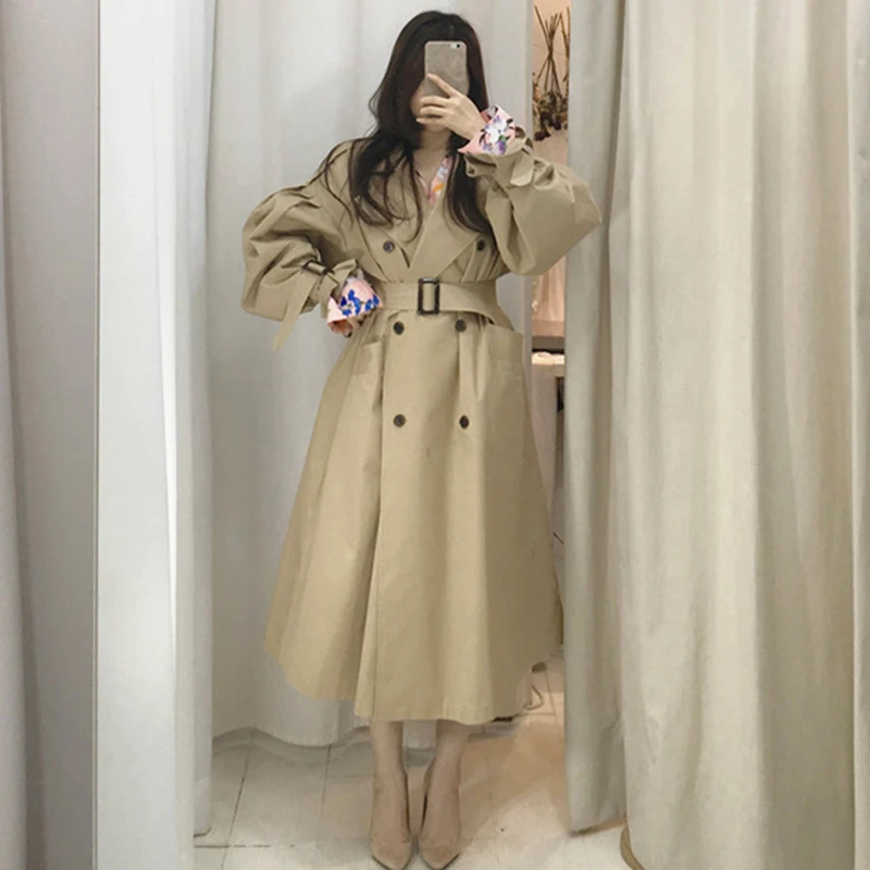 SHENGPALAE 2020 Autumn Windbreaker Sleeve Turn-down Collar Double-breasted Loose Straps Waist Slim Mid-length Trench Coat ZA5572