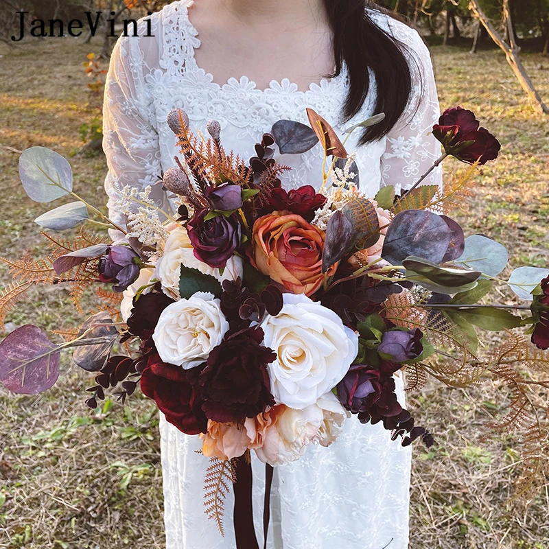 JaneVini Autumn Burnt Yellow Wedding Bouquet De Fleur Artificiell Vintage Florist Bouquets Bridal Artificial Bride Silk Flowers