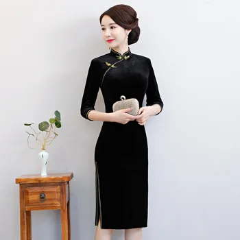 

Chinese Female Qipao Dress Vestidos Classic Traditional Velvet Female Cheongsam Mini Vintatge Button Oriental Evening Party Gown