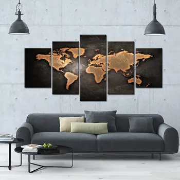 

Retro World Map Poster Framed 5 Pcs Giclee Canvas Prints Vintage Abstract World Map Painting Printed on Canvas Ready to Hang