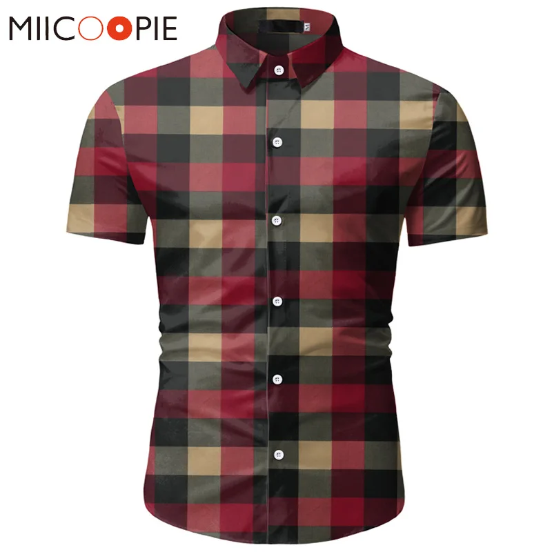 Red Plaid Shirt Men Summer Brand Classic Short Sleeve Dress Shirt Casual Button Down Office Workwear Chemise Homme M-3XL