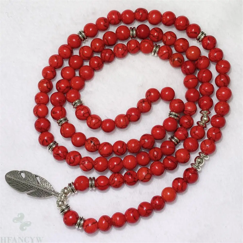 

6mm Red Turquoise 108 Bead Feather Pendant Mala Bracelet Cuff Fancy Wristband Meditation