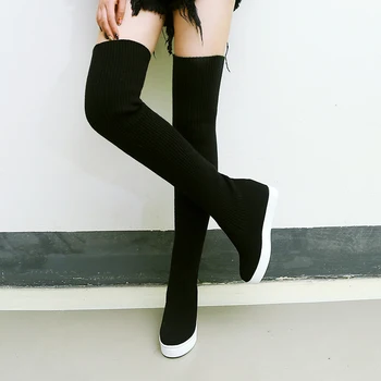 

Over-the-Knee Stretch Fabric Women Boots Height Increasing Winter Boots Women Slip-on Black Women Shoes Warm Short Plush Boots