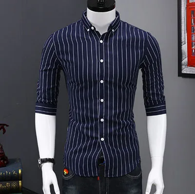 Европейская летняя мужская рубашка тонкий короткий рукав полосатый Slim Fit рубашки мужские повседневные Модные уличные Camisa Masculina брендовая одежда - Цвет: Dark Blue