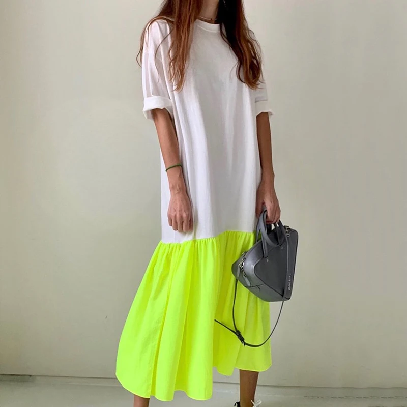 详情 (5).jpg TWOTWINSTYLE Elegant Patchwork Hit Color Dress Women O Neck Half Sleeve Oversize Casual Midi Dresses Female 2020 Summer Clothes