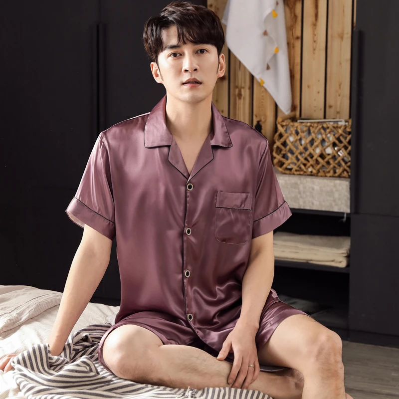 

Summer Silk Men Pajamas Set Short Sleeve Turn-down Collar Cardigan Sleepwear Loose Soft Male Homewear
