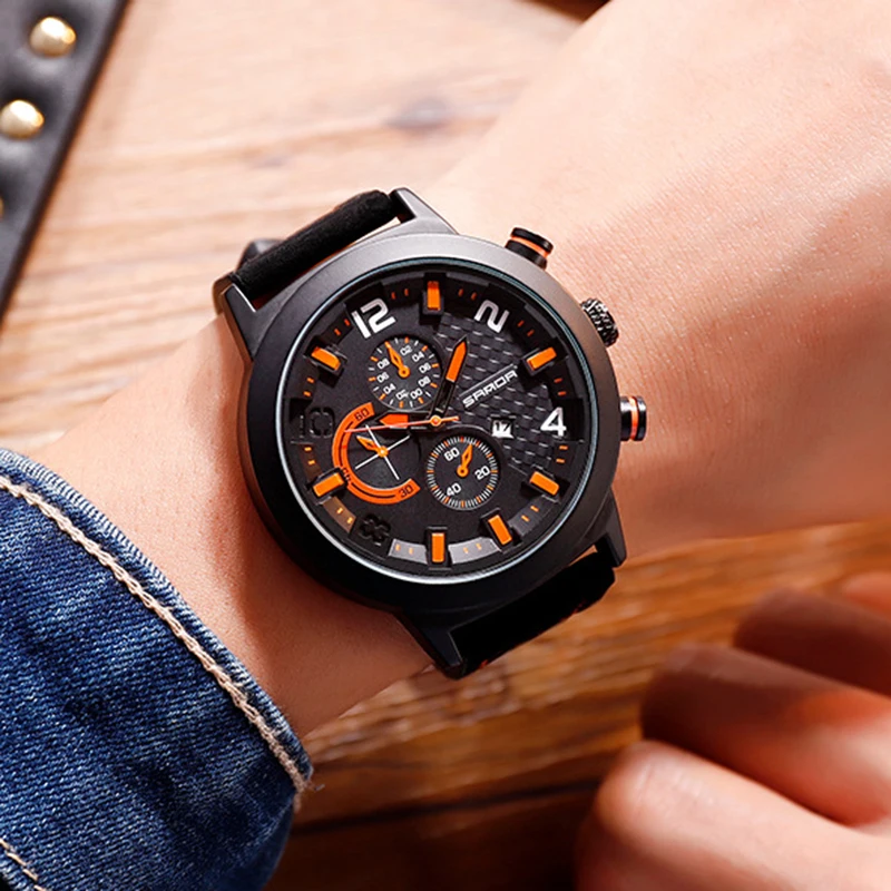 

Business New Arrival Men Watches Fashion Waterproof Three Eye Six Needle Quartz Wrist Watch Male Student reloj Simple Leather