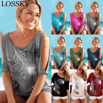 

Women Summer 2020 Tshirt Casual Short Sleeve Tops Tees Sexy Off Shoulder Feather Print T-Shirt O-neck Loose Plus Size 5XL Shirts