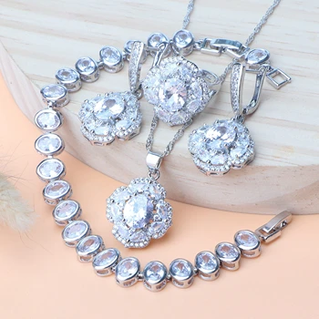 

Women Silver 925 Bridal Jewelry Sets For White CZ Stones Wedding Necklace Set Earrings Ring Pendant Bracelet Costume Jewelry