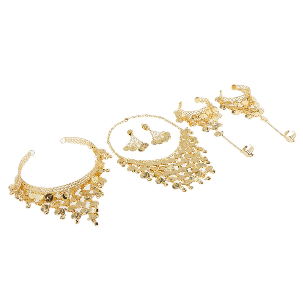 4 Pcs Gold Gypsy Belly Dance Jewelry Set Necklace Earrings Bracelet Headband and Hoop/clip-on Earrings Set