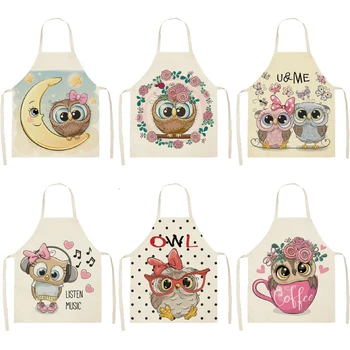 

1PC Owl Cotton Sleeveless Apron Linen Flower Printed Kitchen Brief Pinafore Women Home Cooking Baking Waist Bib 53*65cm WQL0148