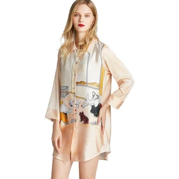 

Shirt Style Loose Suspender Homewear Casual Bathrobe Sexy Kimono Gown Nightdress Silky Satin Print Nightgown Sleepwear Women