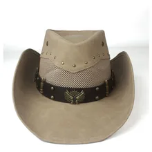 Кожа для мужчин и женщин сетка западная ковбойская шляпа широкая шляпа Открытый Sombrero Hombre Женская Ковбойская шляпа панк ремень