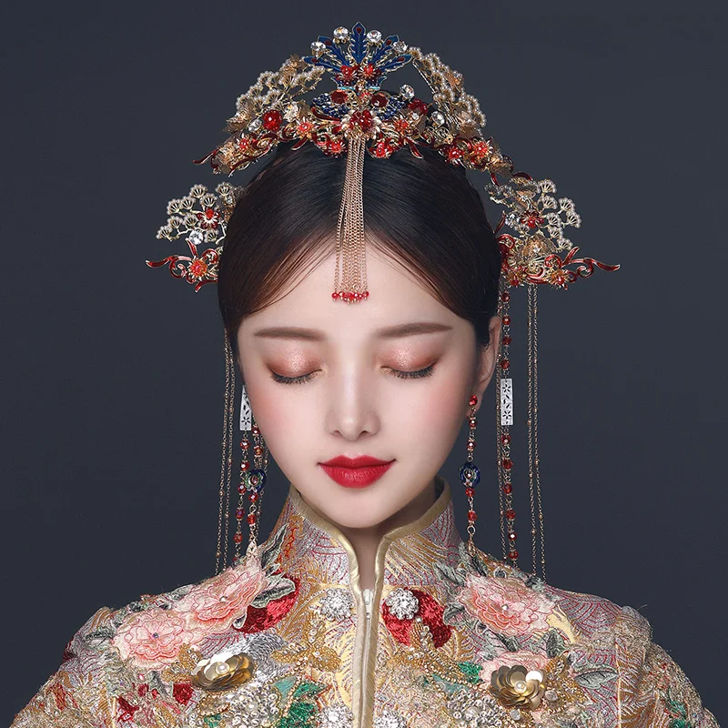 Retro Chinese Red Phoenix  Headdress Crown Catwalk Stage Wedding Hair Accessories