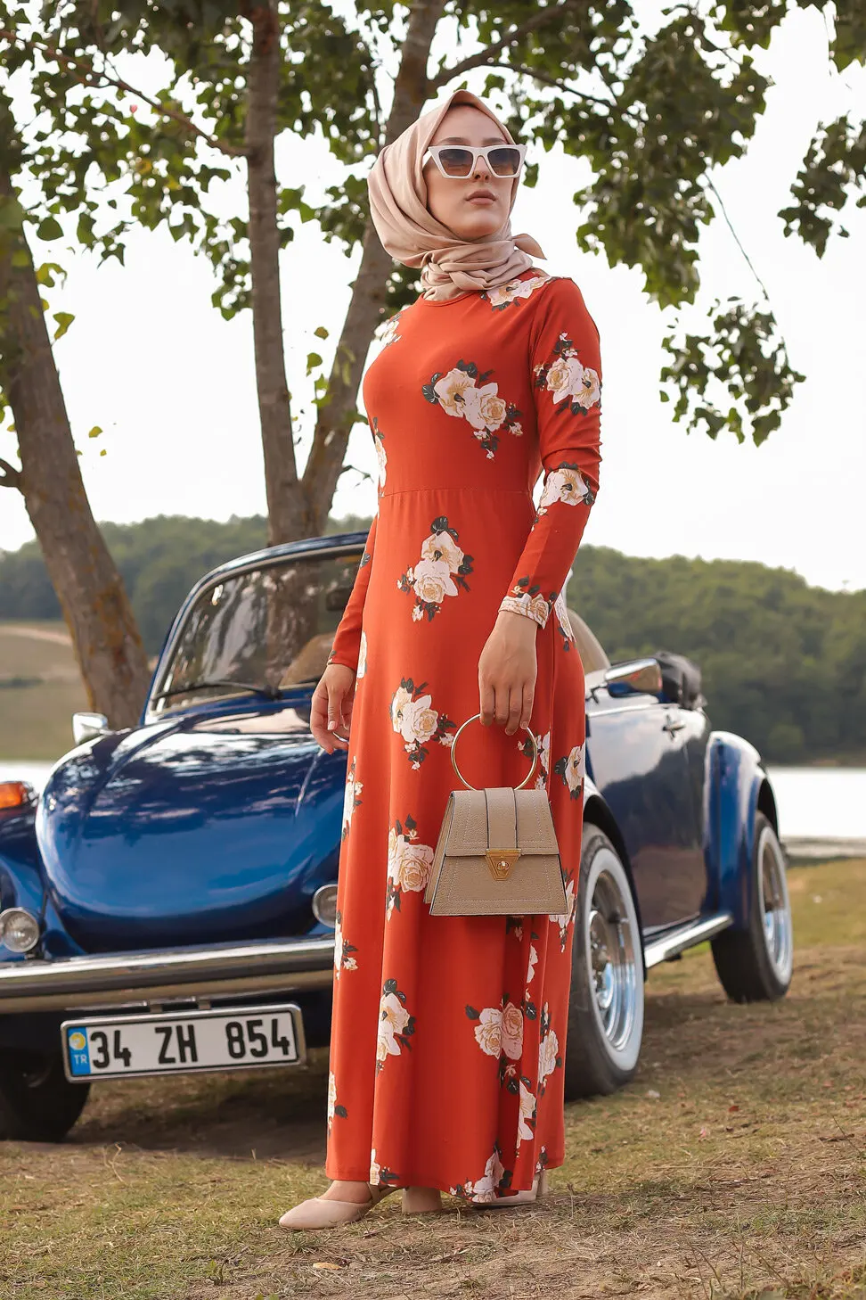 

TUGBA Muslim Dress Long Sleeve Floral Print muslim dress code 2021 turkish gown hijab summer