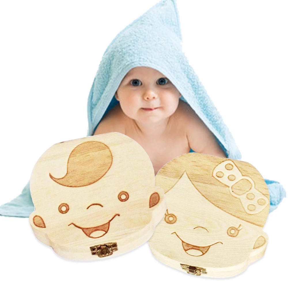 Wooden baby Kids Tooth Storage Box English/Spanish/French/Russian/Italian Teeth Umbilical Lanugo Organizer Gift Keepsakes Save afbeelding