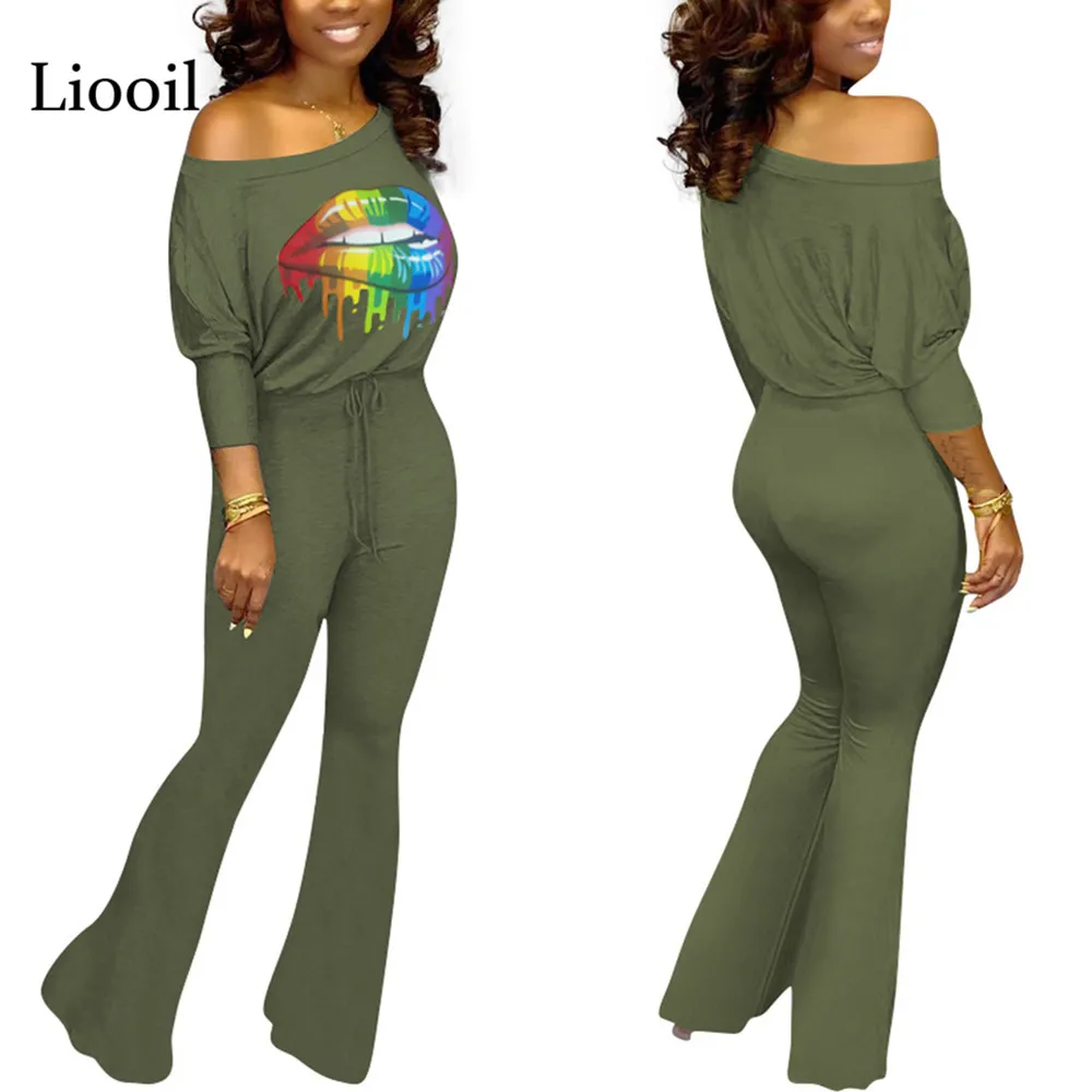 Liooil Lip Print Sexy Bell Bottom Jumpsuit Batwing Sleeve O Neck Drawstring Party Club Rompers Womens Jumpsuit Flare Pants