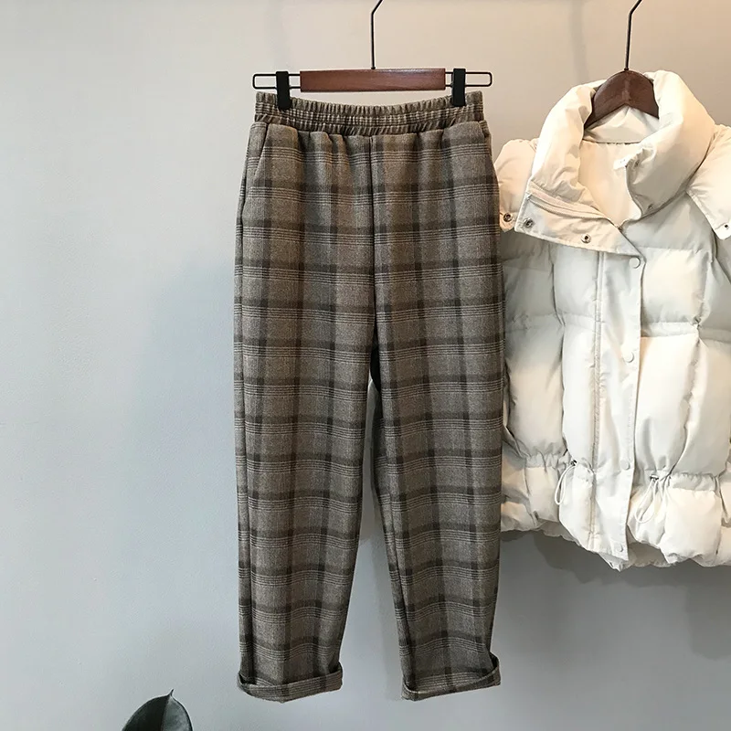 Casual pants women's autumn and winter new Korean version LOOSE WOOL PLAID Harun pants high waist 9-point pants