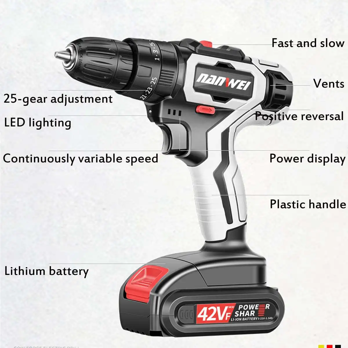 42VF Electric Drill 2 Speed 36NM Power Drills Cordless Screwdriver Lithium Battery Mini Drill Cordless Screwdriver Power Tools