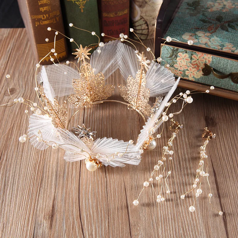 

2019 Korean Style Bride Crown Headdress Clip-on Set Immortal juan sha Pearl round Crown Wedding Dress Accessories