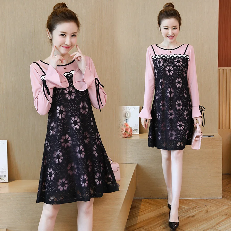 

2019 Autumn New Style Large Size Dress Cuff Bow Dress Fat Mm Camisole Lace Joint Skirt