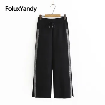 

Knitted Women's Pants Thick Trousers 2020 Autumn Winter Casual High Waist Diamonds Loose Wide Leg Pants Black KKFY5000