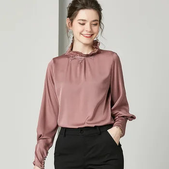 

Silk Shirt Women 2020 Spring New Ladies Classy Ruffle Collar Lantern Sleeves Solid Color Loose Tops Female S-XL
