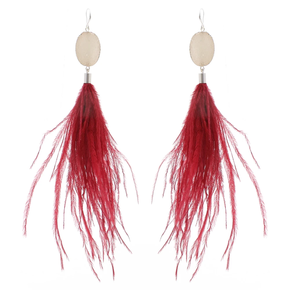 

Badu Metal Stone Dangle Earrings for Women Long Ostrich Feather Drop Earring Fashion Jewelry 2020 Wholesale Dropshiping