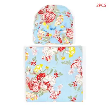 

2 Pcs/set Baby Swaddle Wrap Children Bow-knot Cap Newborn Print Blanket Hat Maternal and Child Supplies