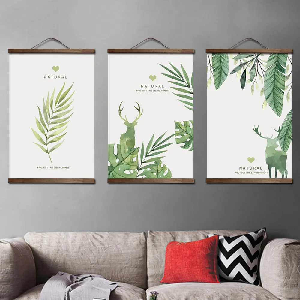 

custom Nordic style green plants canvas decorative painting Store bedroom living room wall art solid wood scroll painting